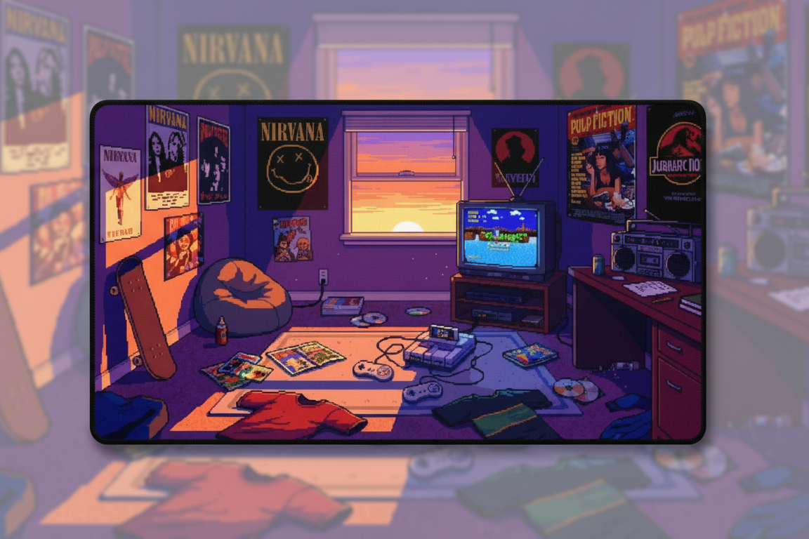 Sunset Chamber — Nostalgic Gaming Room Desk Mat