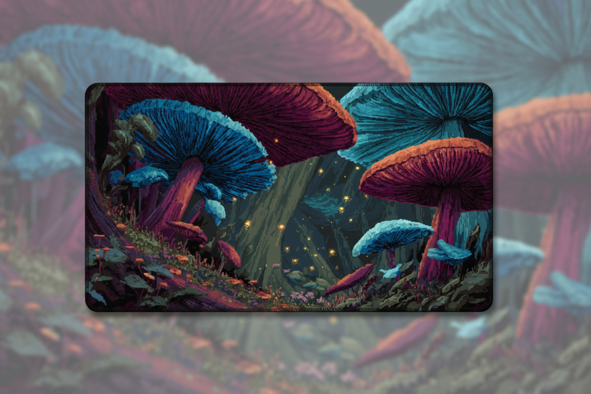 Spore Grove — Bioluminescent Mushroom Desk Mat