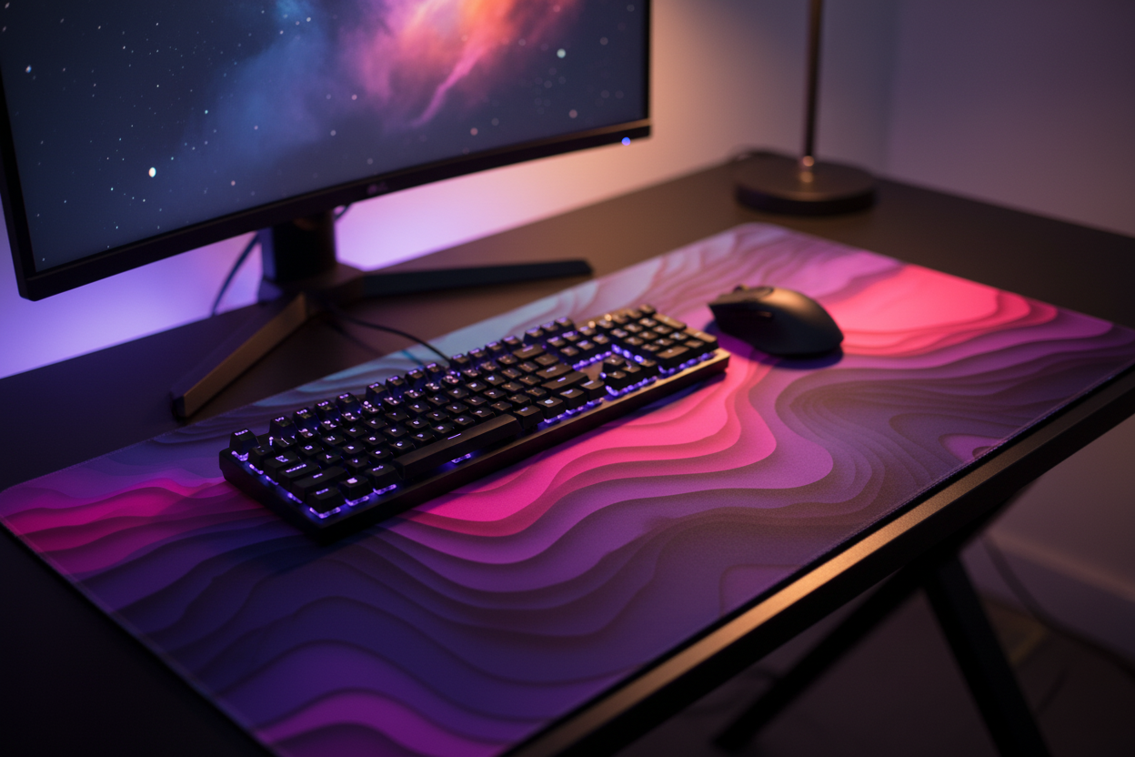 Neon Flow — Synthwave Waves Desk Mat