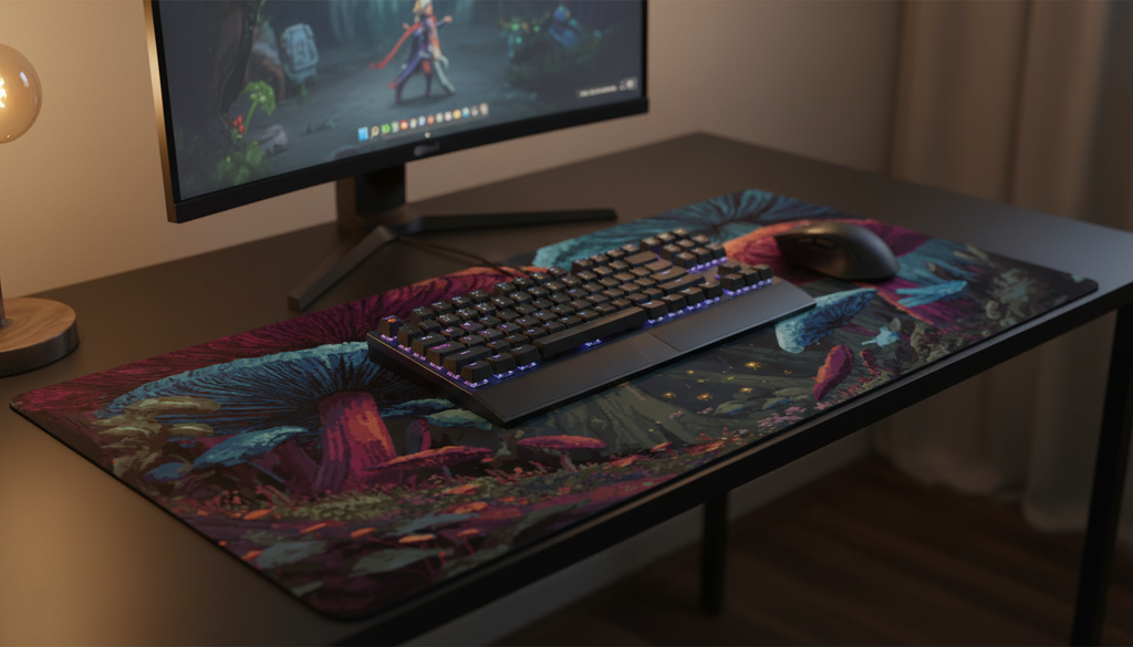 Spore Grove — Bioluminescent Mushroom Desk Mat